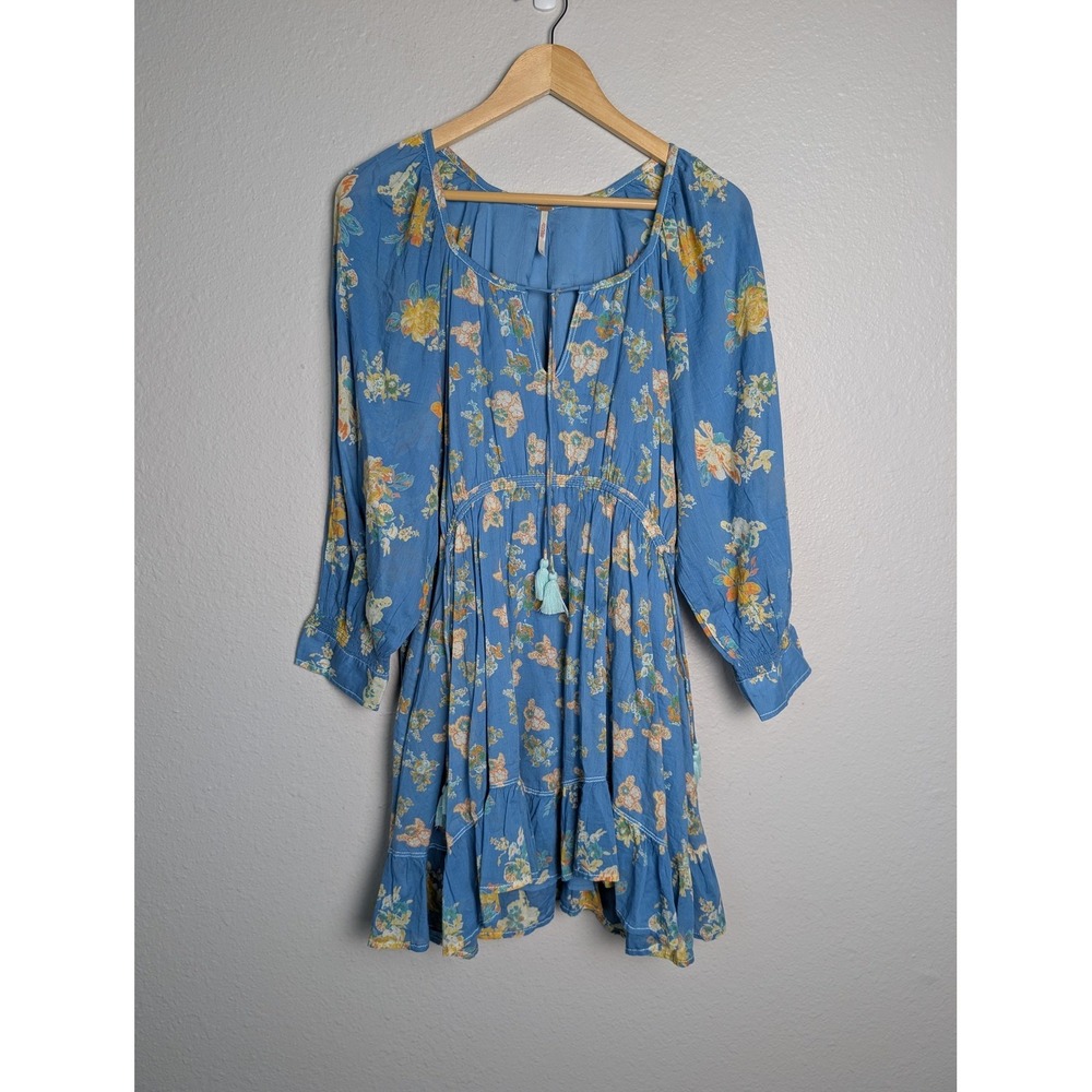 Free People Dress Womens M Blue Short Trapeze & Swing 3/4 Sleeve Floral Tasseled